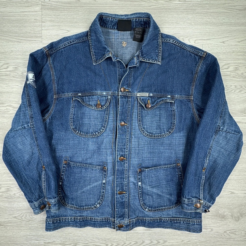 Rocawear Mens Denim Chore Coat Vintage Blue Large Pocket Detail Y2K Hip Hop